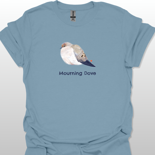 Light blue t-shirt with a mourning dove graphic and text on a white background