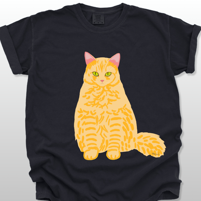 An black unisex T-shirt with a cat graphic on the front.