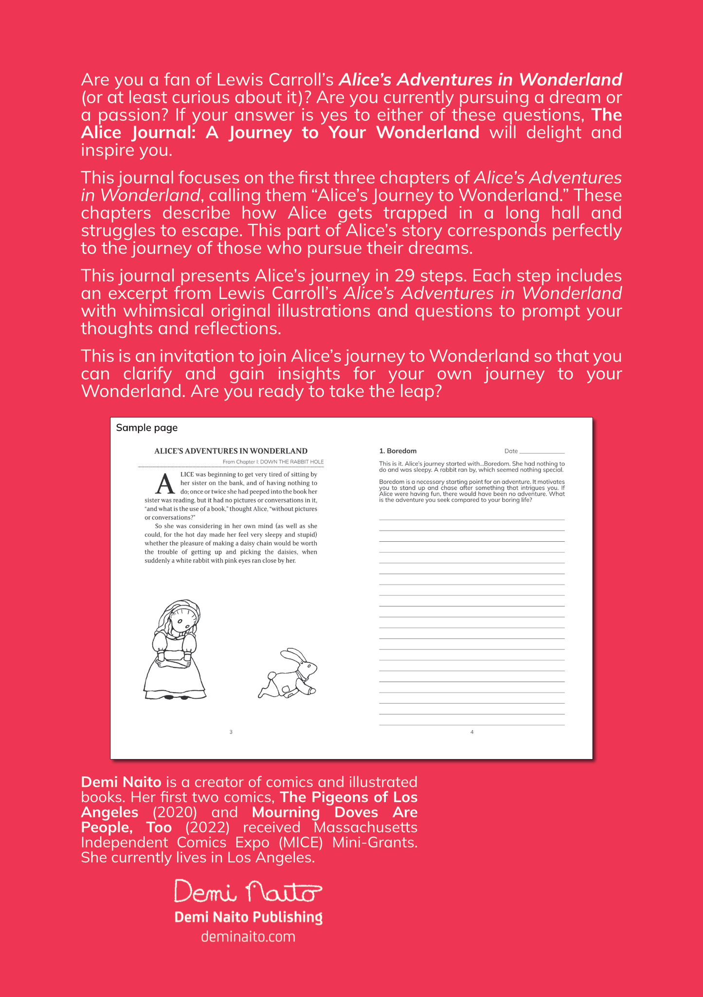 Book cover of 'Alice's Adventures in Wonderland' journal with text and illustrations on a red background