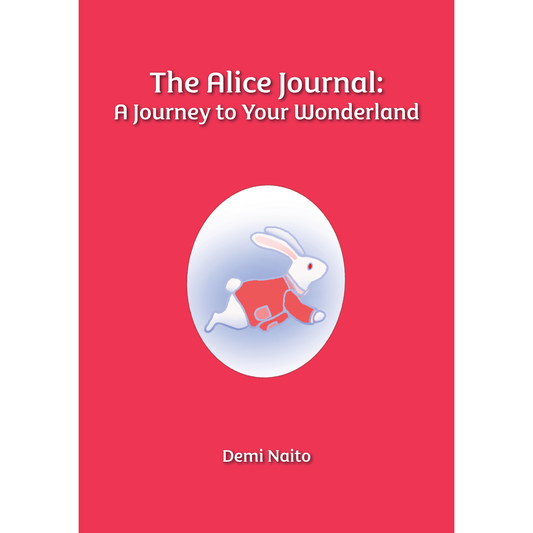 Book cover of 'The Alice Journal: A Journey to Your Wonderland' with a rabbit illustration on a red background.
