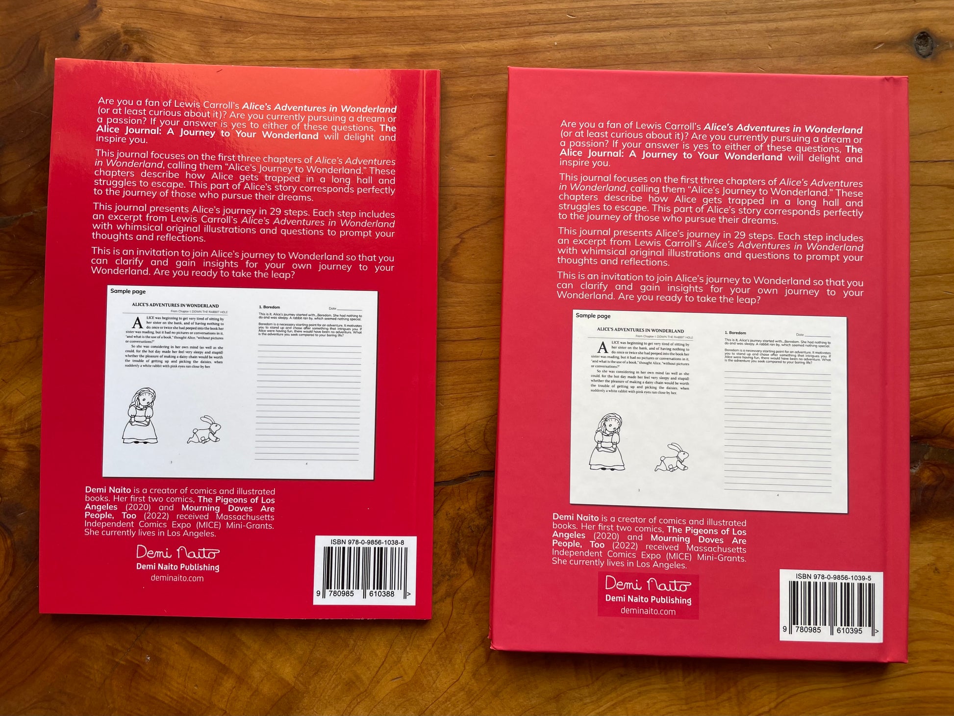 The softcover and hardcover versions of The Alice Journal show the back covers.