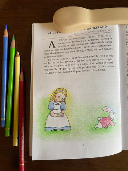 A page of The Alice Journal colored with colored pencils 