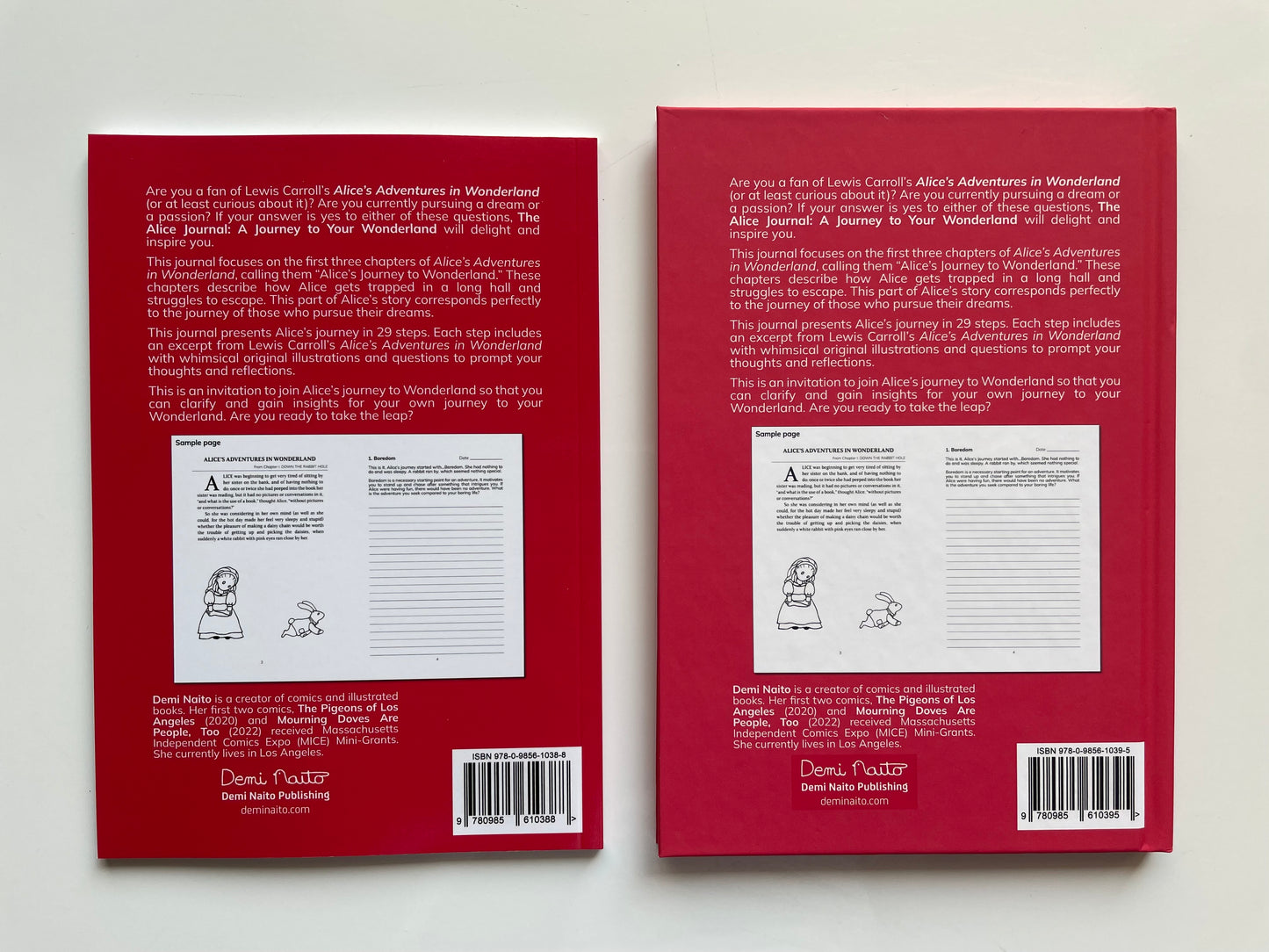 The bock covers of the softcover and the hardcover versions of The Alice Journal