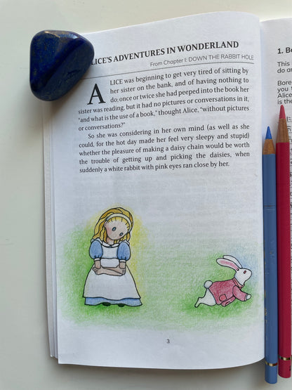 A sample page of The Alice Journal, colored with colored pencils 