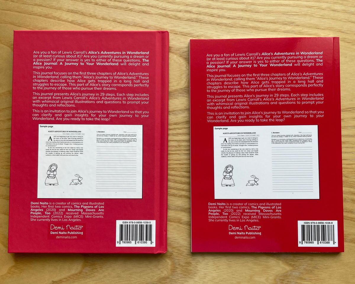 Two copies of the back cover of the book 'Alice's Adventures in Wonderland' by Diana Fosdirt, displayed side-by-side on a light wood grain surface.