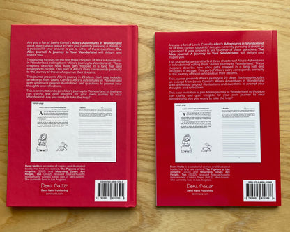 Two copies of the back cover of the book 'Alice's Adventures in Wonderland' by Diana Fosdirt, displayed side-by-side on a light wood grain surface.