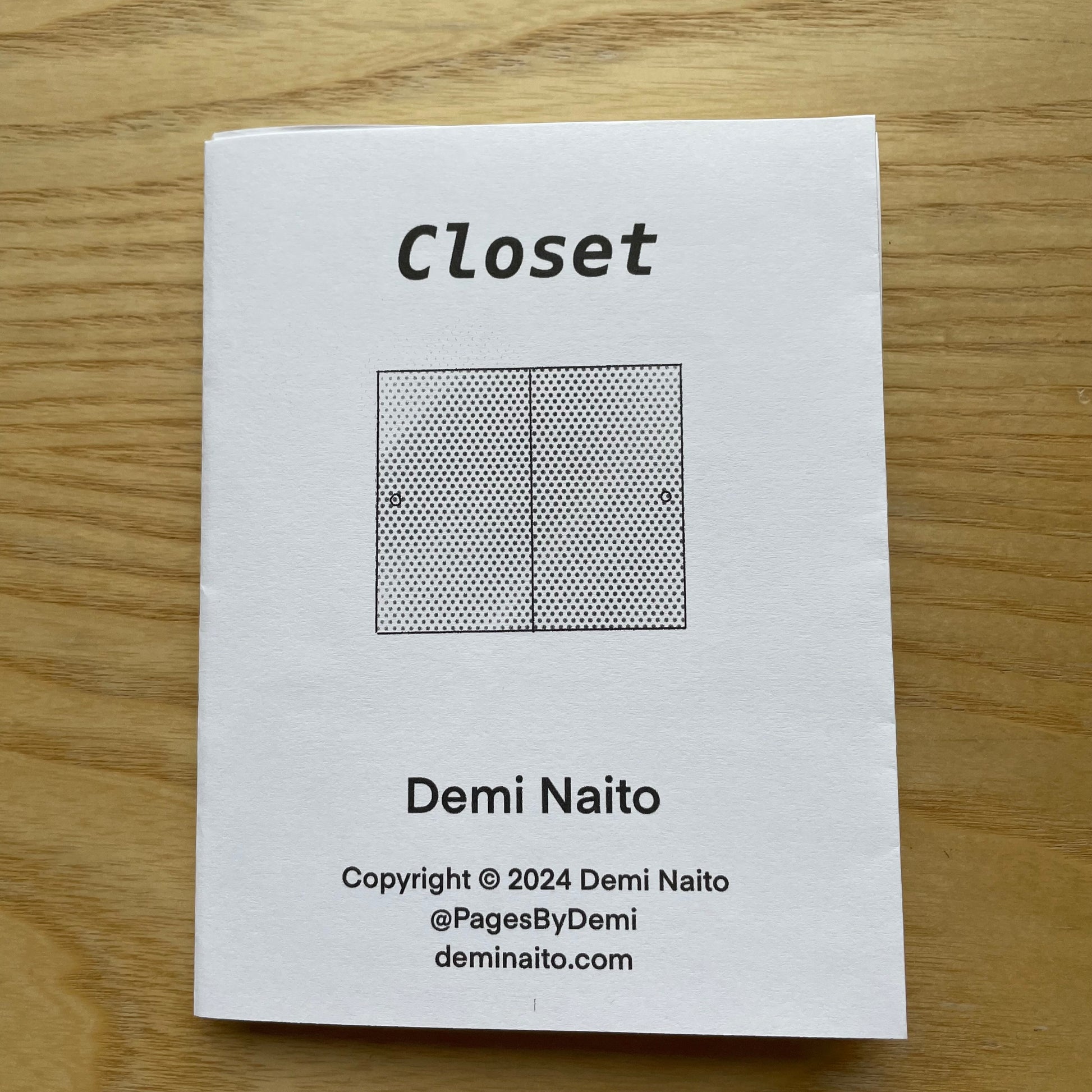 Cover of zine titled 'Closet' by Demi Naito showing illustration of closet doors.