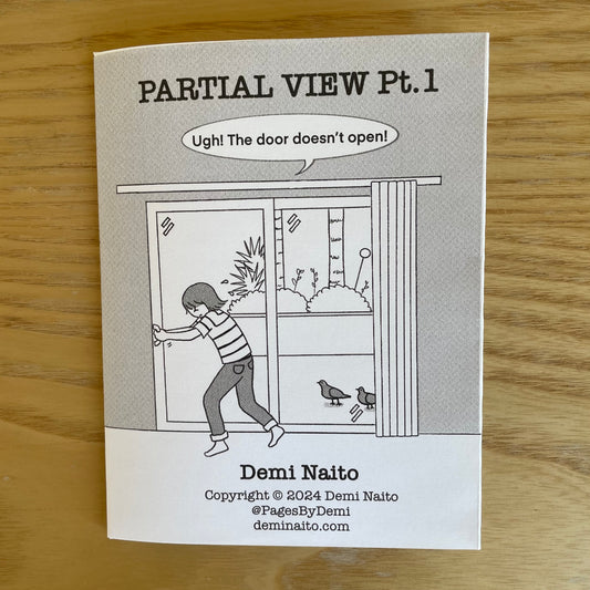 Front cover of zine titled 'Partial View Pt. 1' by Demi Naito showing woman who can't open sliding door as birds watch.