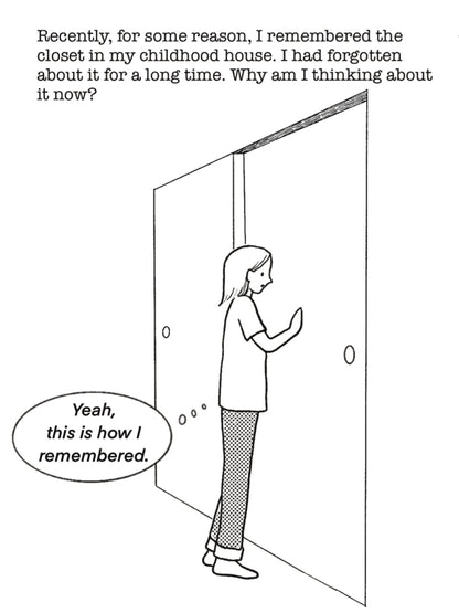 Page from 'Closet' zine by Demi Naito showing woman standing in front of closet door remembering her past.