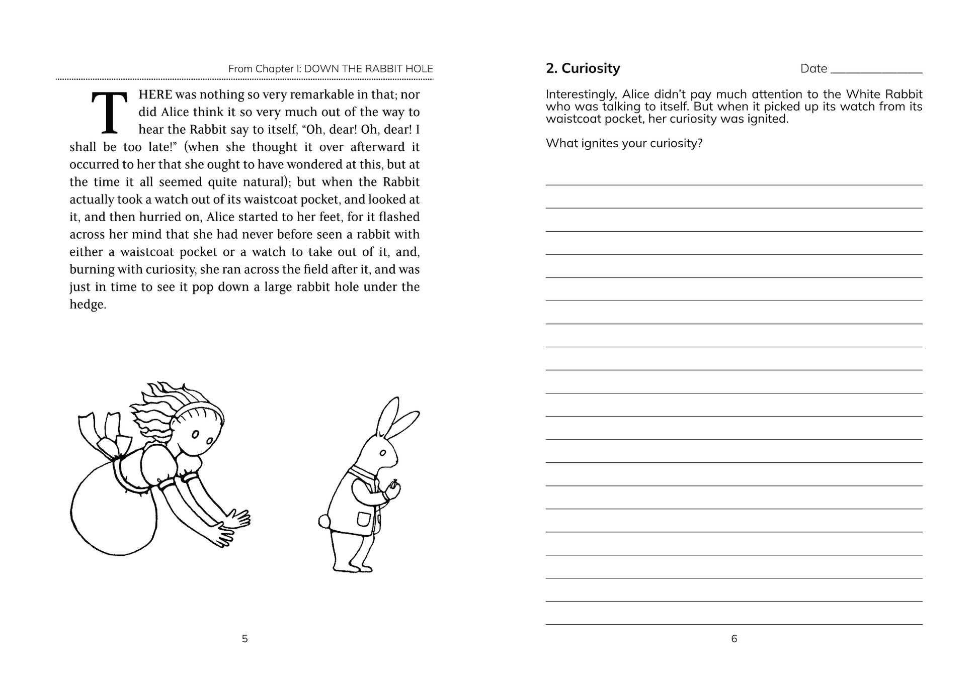 A spread of The Alice Journal with illustrations of Alice and The White Rabbit