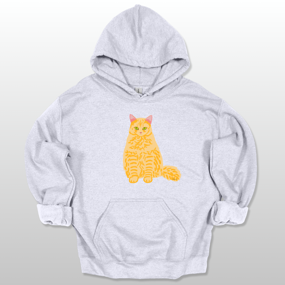 A ash unisex hoodie with a cat graphic on the front.