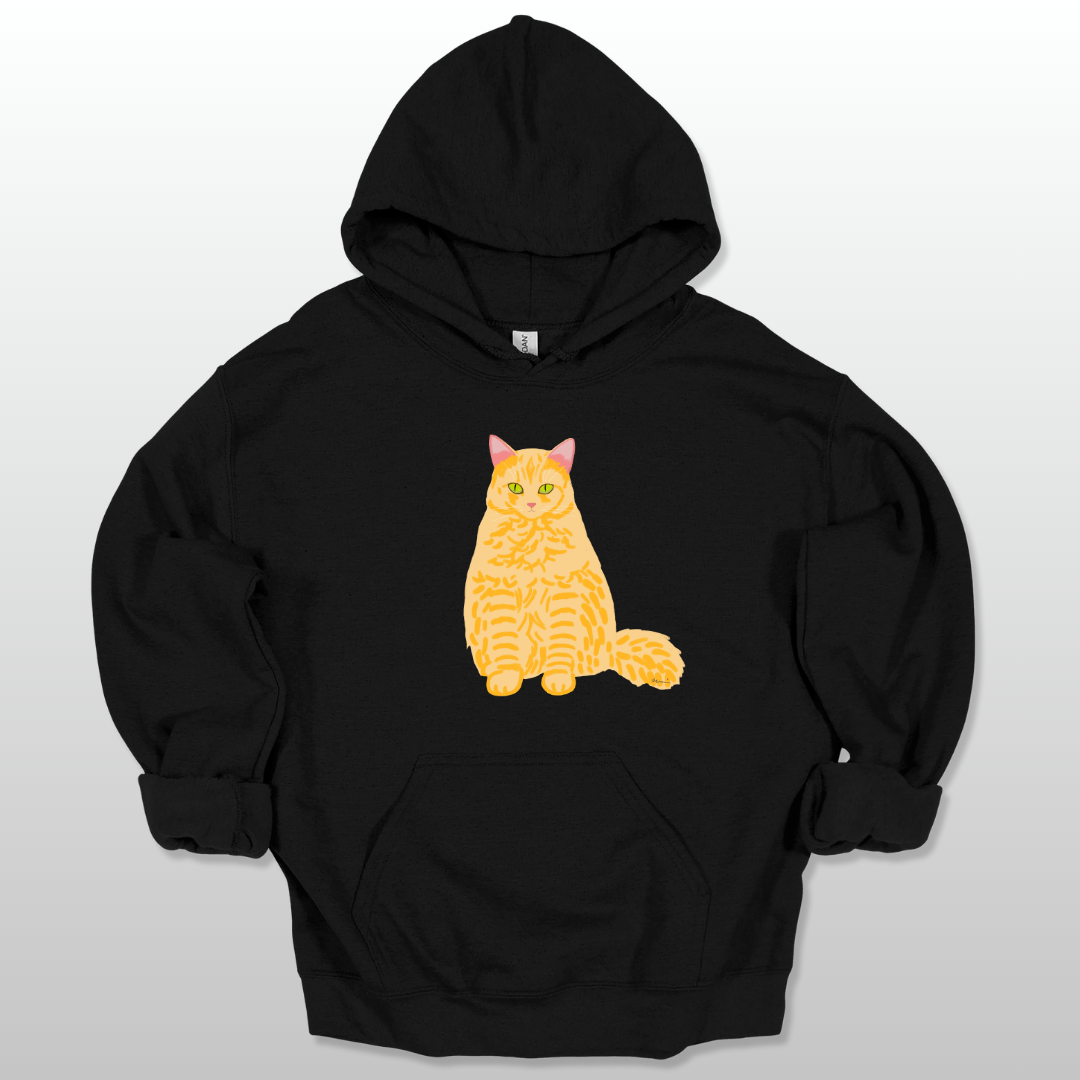 A black unisex hoodie with a cat graphic on the front.