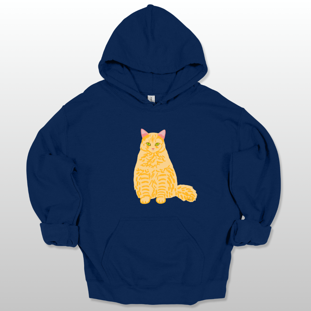 A navy blue unisex hoodie with a cat graphic on the front.