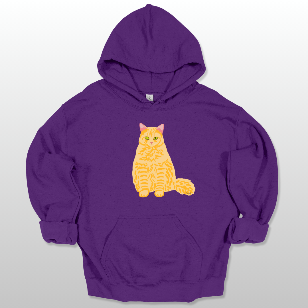 A purple unisex hoodie with a cat graphic on the front.