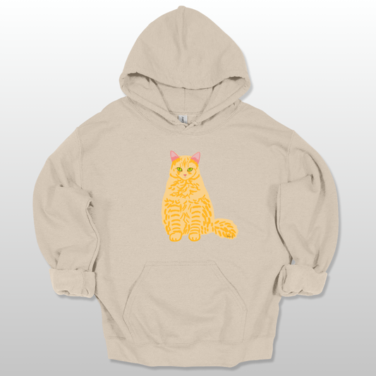 A sand unisex hoodie with a cat graphic on the front.