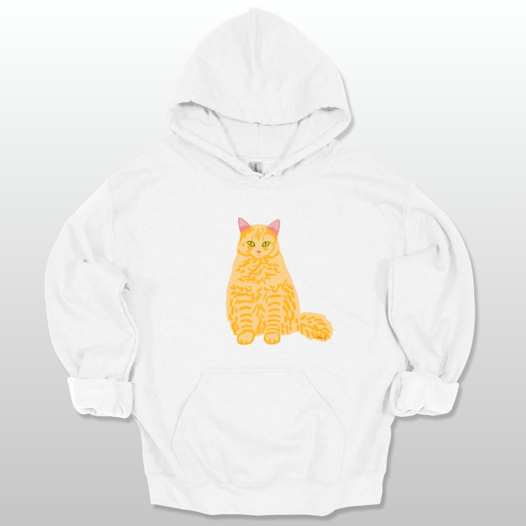 A white unisex hoodie with a cat graphic on the front.