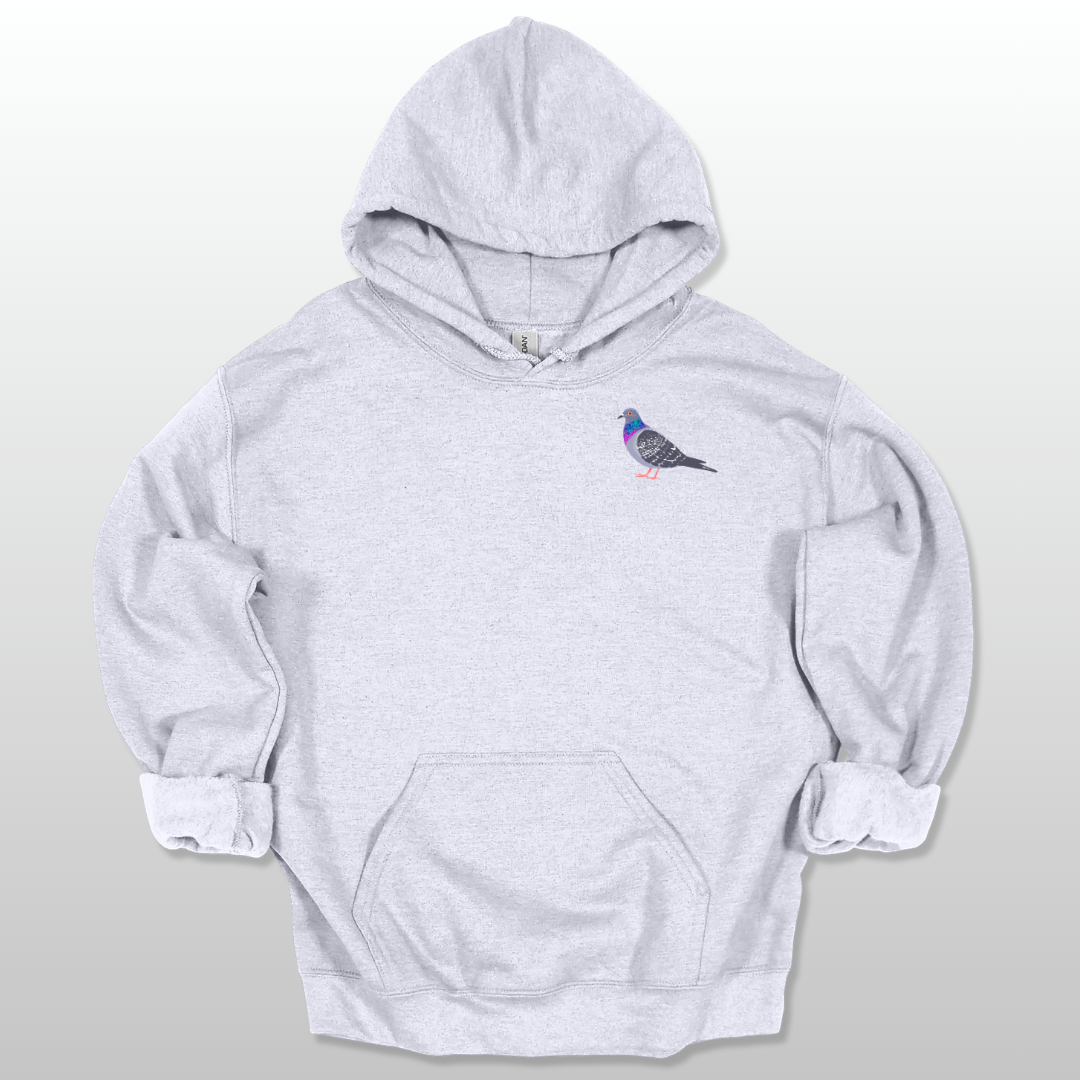 An ash unisex hoodie with a pigeon graphic on the front.