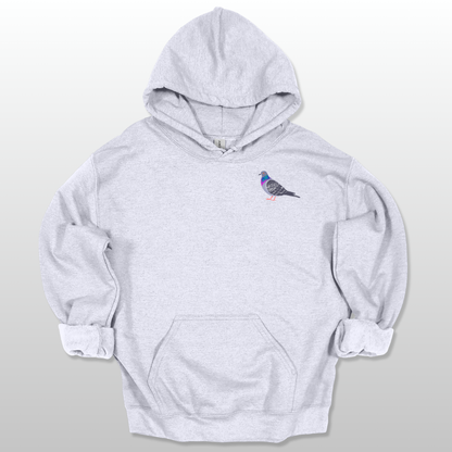 An ash unisex hoodie with a pigeon graphic on the front.