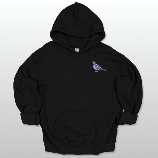 A black unisex hoodie with a pigeon graphic on the front.
