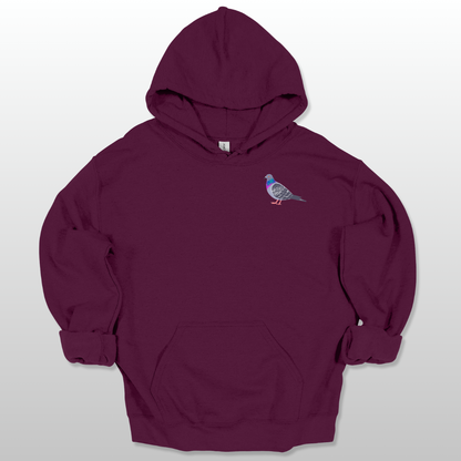 A maroon unisex hoodie with a pigeon graphic on the front.