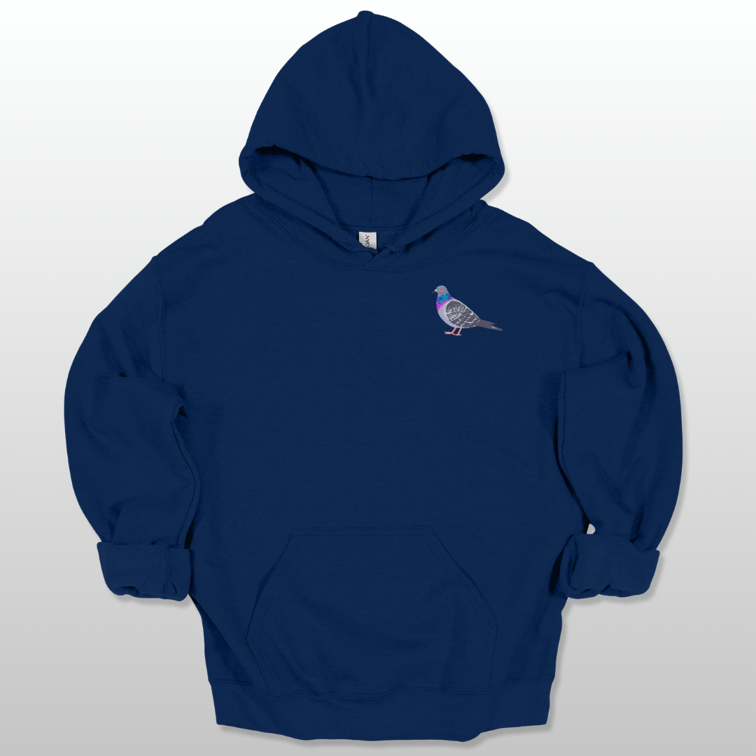 A navy blue unisex hoodie with a pigeon graphic on the front.