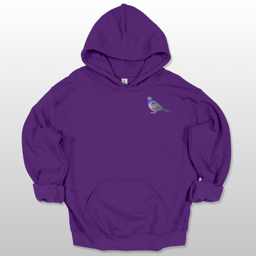A purple unisex hoodie with a pigeon graphic on the front.