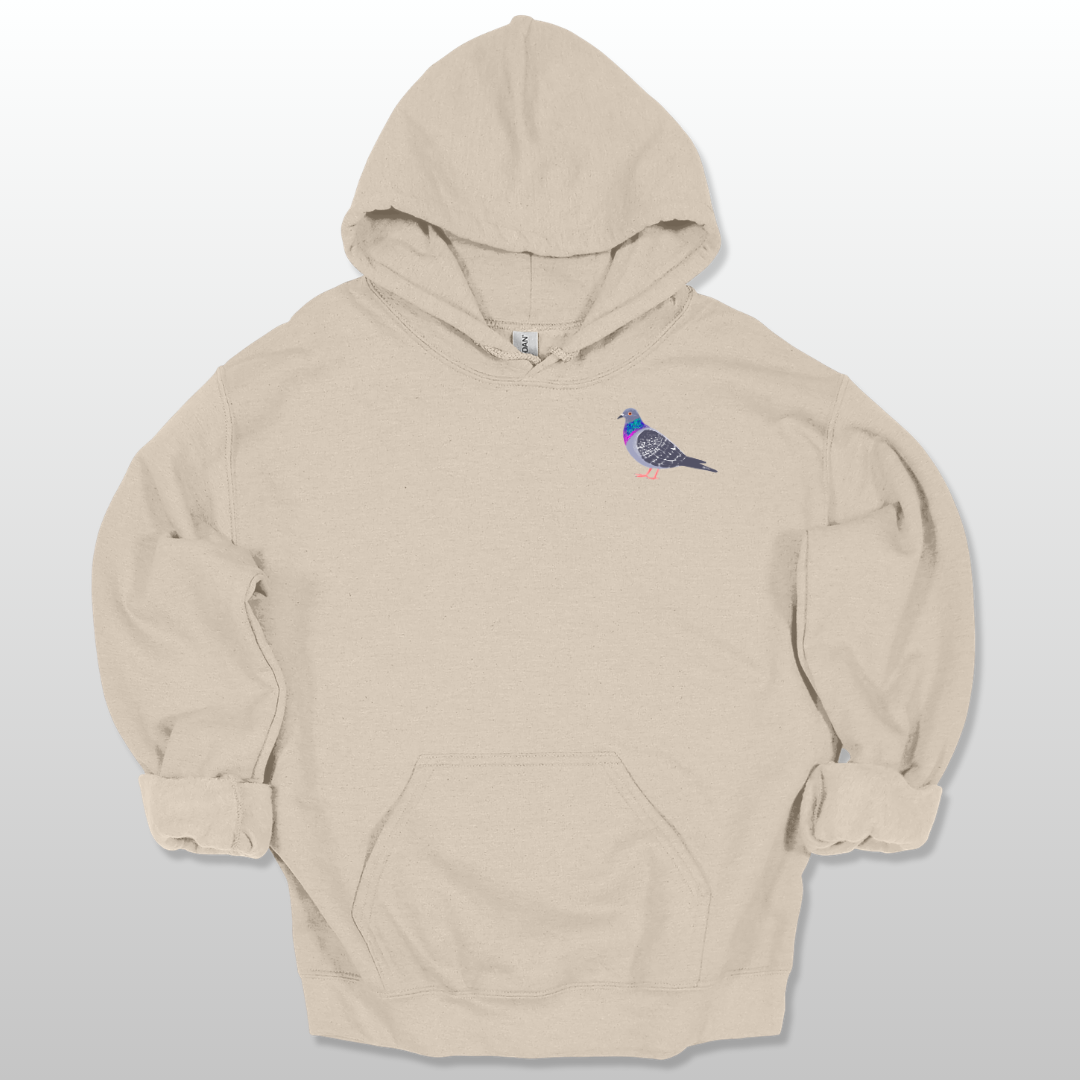 A sand unisex hoodie with a pigeon graphic on the front.